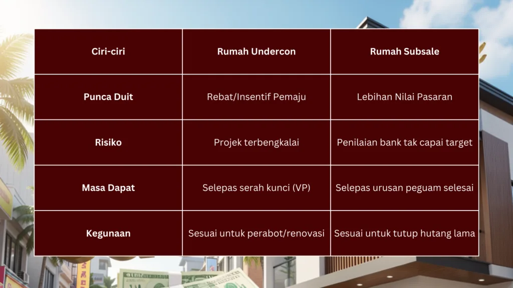 Jadual Perbezaan Cashout beli rumah pelaburan tanpa modal: Undercon vs Subsale